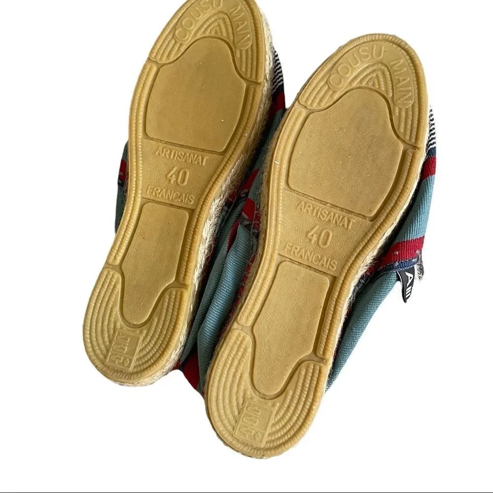 ARTISANAT FRANCAIS Striped Flat Slip-On Espadrilles Loafers Sandals Blue Red 40